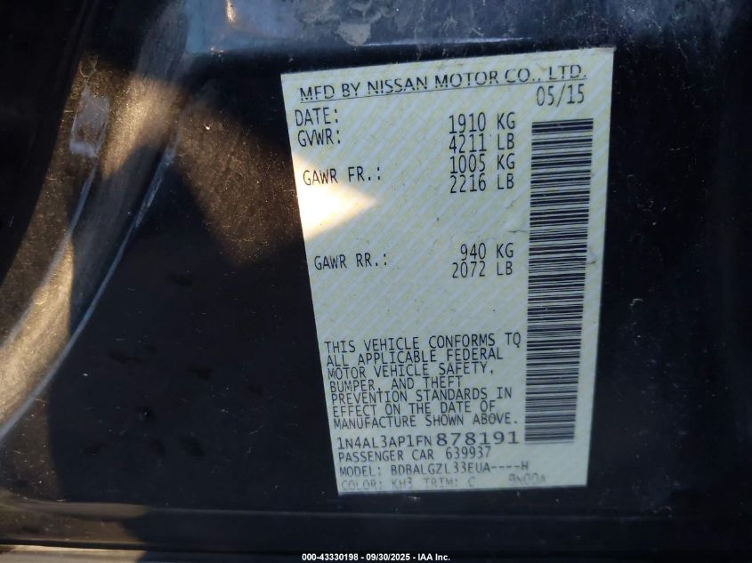 2015 Nissan Altima 2.5 S VIN: 1N4AL3AP1FN878191 Lot: 43330198