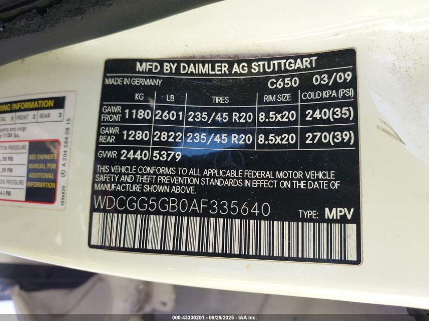 2010 Mercedes-Benz Glk 350 VIN: WDCGG5GB0AF335640 Lot: 43330201