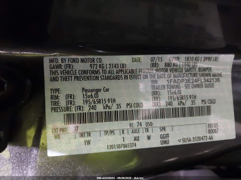 2015 Ford Focus S VIN: 1FADP3E24FL342136 Lot: 43330203