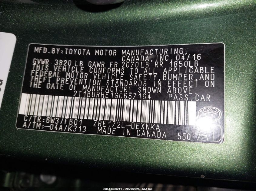 2016 Toyota Corolla Le VIN: 2T1BURHE1GC657164 Lot: 43330211