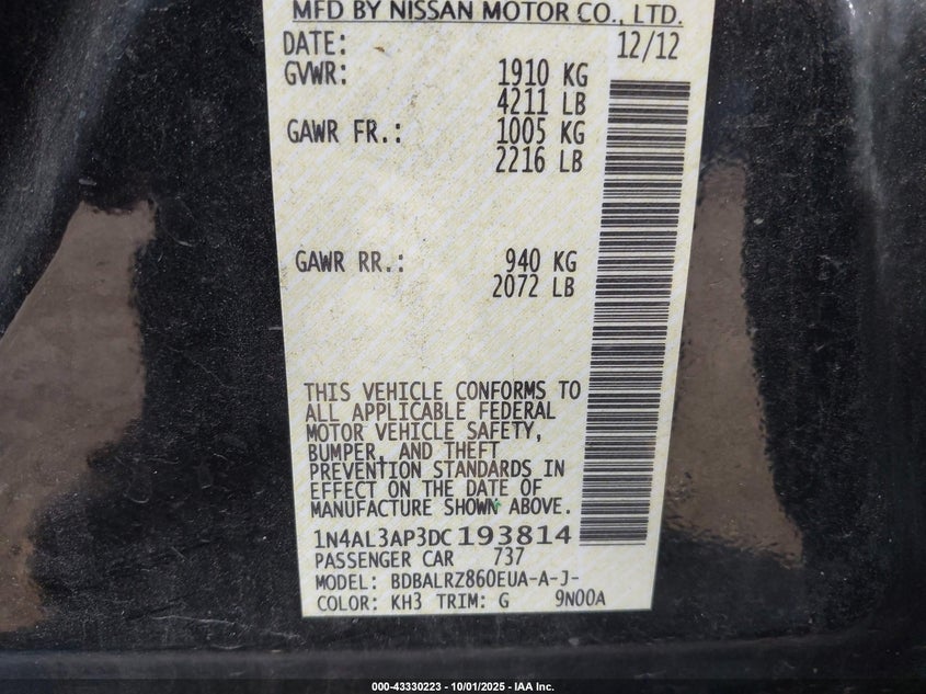 2013 Nissan Altima 2.5 S VIN: 1N4AL3AP3DC193814 Lot: 43330223