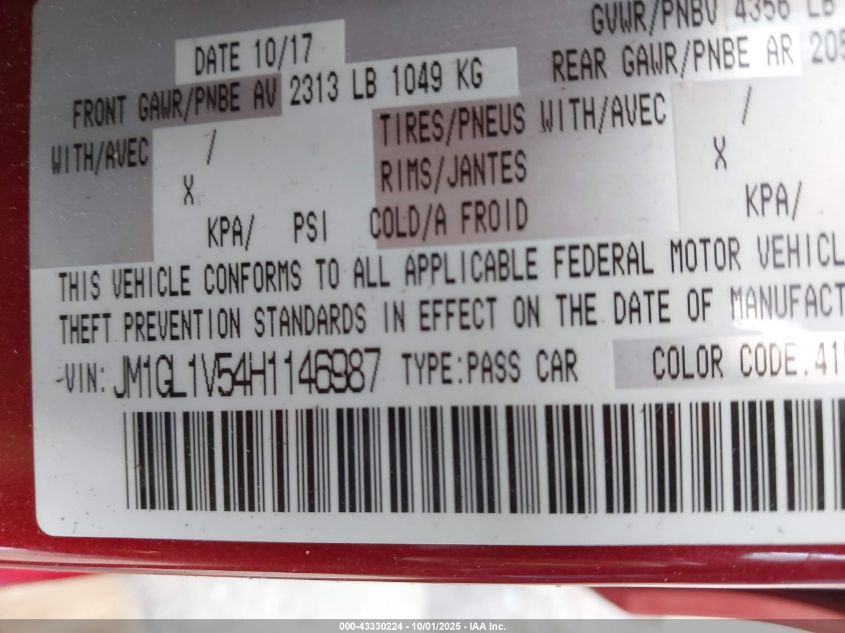 2017 Mazda Mazda6 Touring VIN: JM1GL1V54H1146987 Lot: 43330224