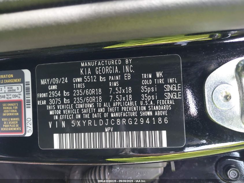 2024 Kia Sorento S VIN: 5XYRLDJC8RG294186 Lot: 43330225