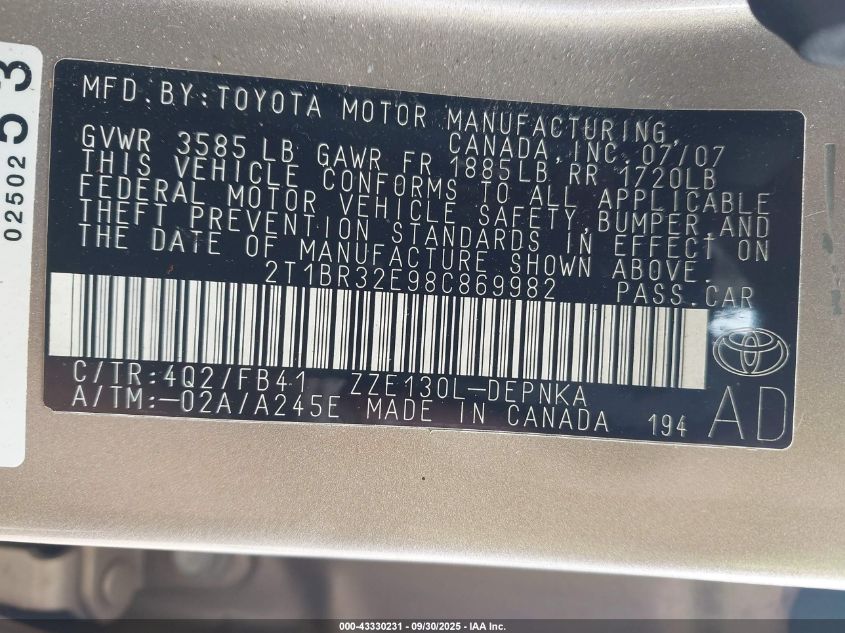 2008 Toyota Corolla Ce/Le/S VIN: 2T1BR32E98C869982 Lot: 43330231