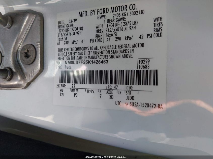 2019 Ford Transit Connect Xlt VIN: NM0LS7F25K1426463 Lot: 43330238