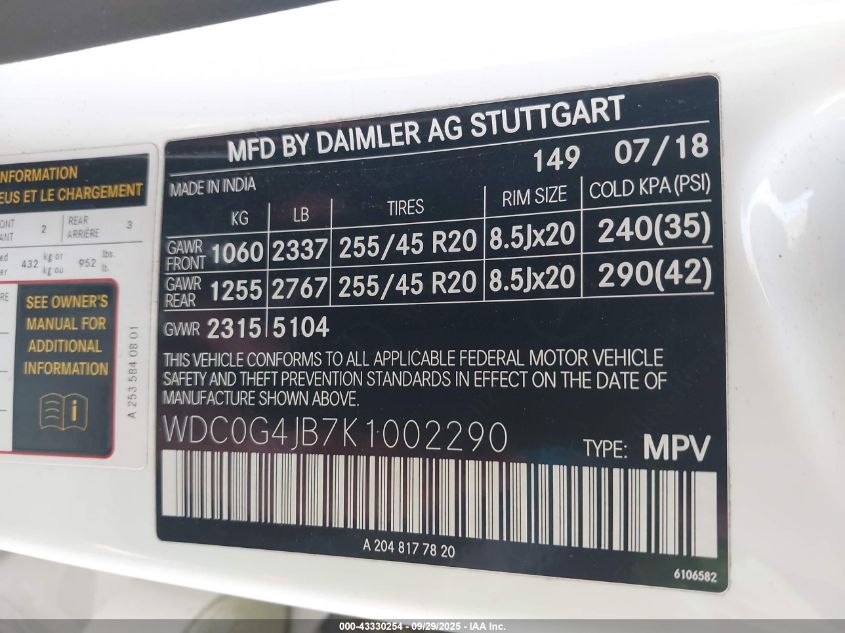 2019 Mercedes-Benz Glc 300 VIN: WDC0G4JB7K1002290 Lot: 43330254