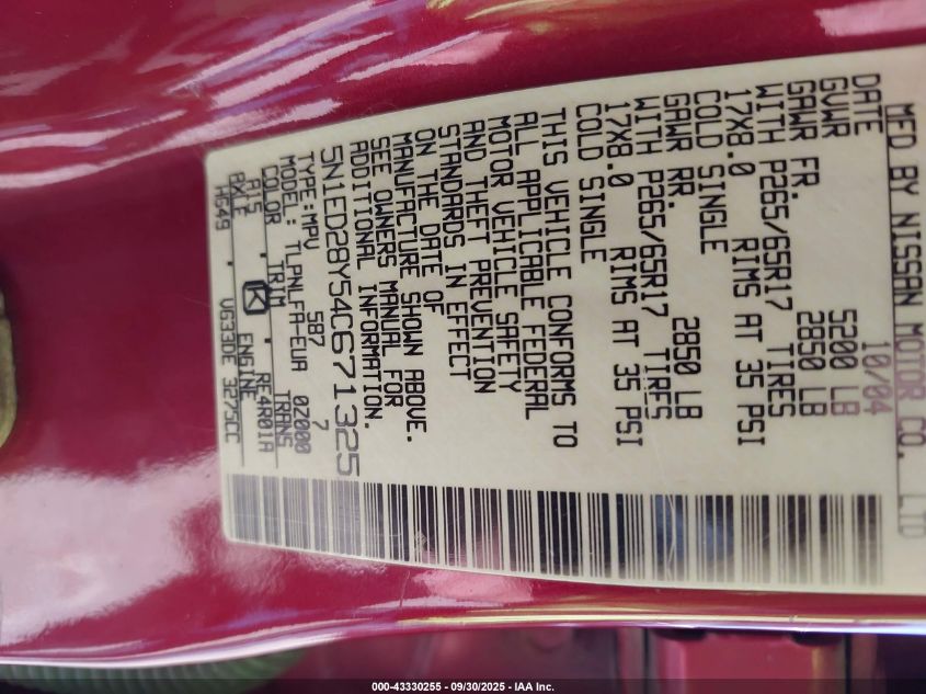 2004 Nissan Xterra Se VIN: 5N1ED28Y54C671325 Lot: 43330255