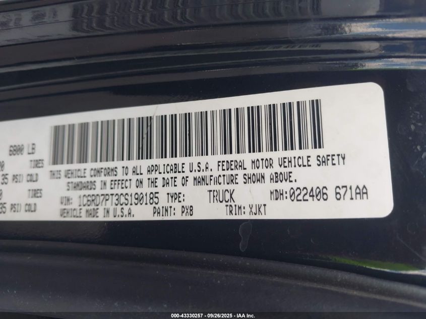 2012 Ram 1500 Laramie Longhorn/Limited Edition VIN: 1C6RD7PT3CS190185 Lot: 43330257