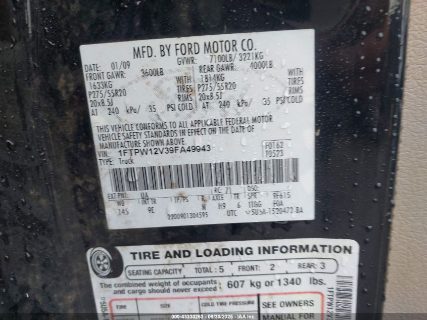2009 Ford F-150 King Ranch/Lariat/Platinum/Xl/Xlt VIN: 1FTPW12V39FA49943 Lot: 43330263