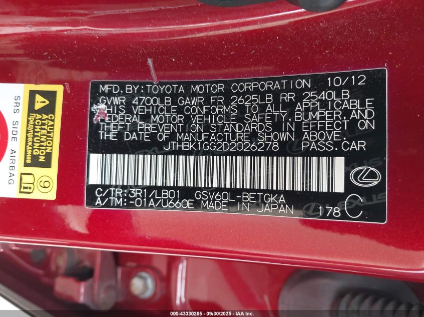 2013 Lexus Es 350 VIN: JTHBK1GG2D2026278 Lot: 43330265