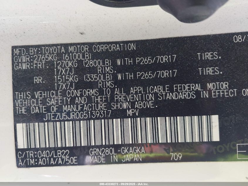 2016 Toyota 4Runner Sr5 Premium VIN: JTEZU5JR0G5139317 Lot: 43330273