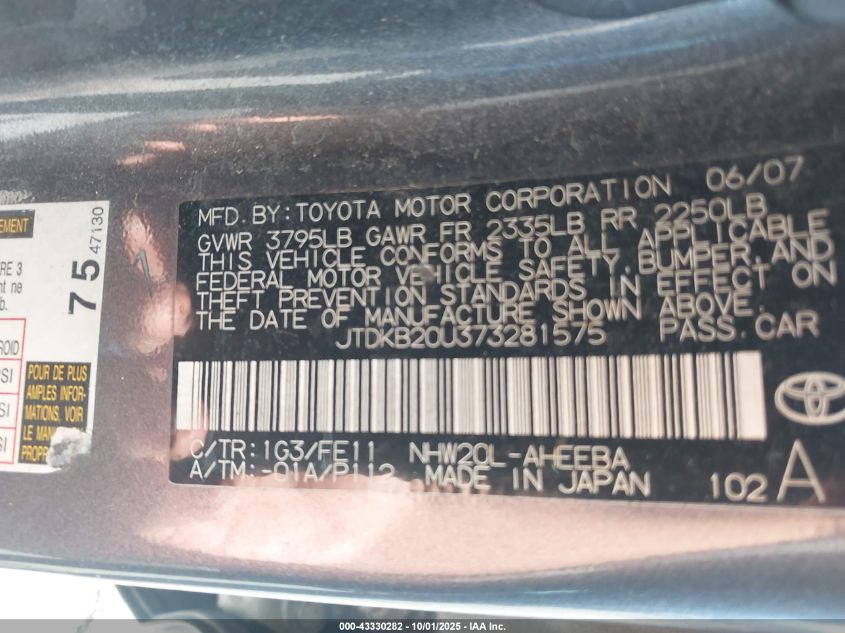 2007 Toyota Prius VIN: JTDKB20U373281575 Lot: 43330282