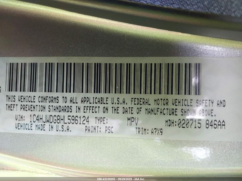 2017 Jeep Wrangler Unlimited Sport 4X4 VIN: 1C4HJWDG8HL596124 Lot: 43330292