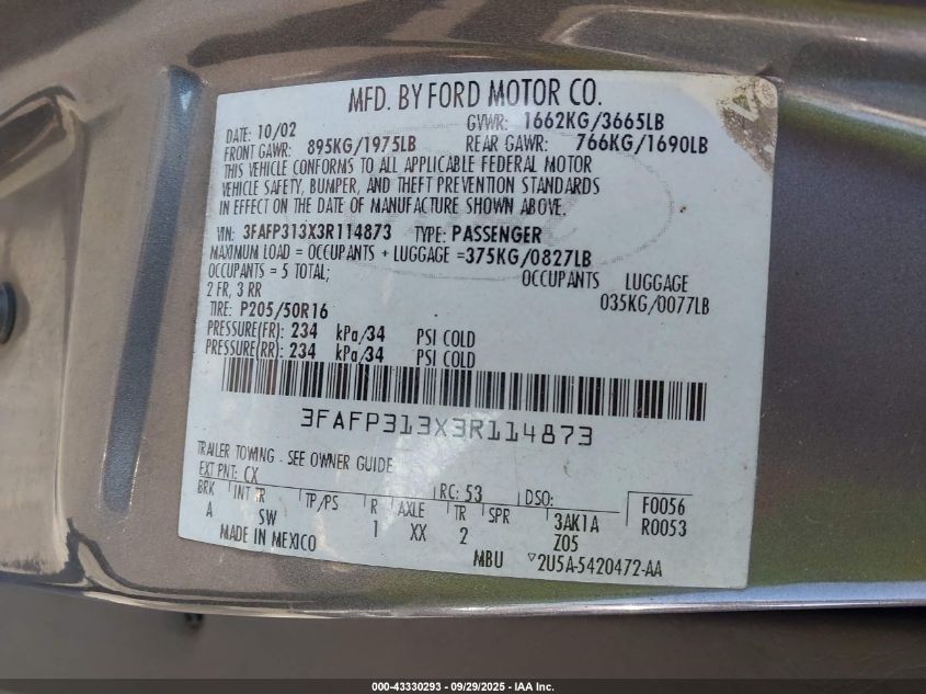 2003 Ford Focus Zx3 VIN: 3FAFP313X3R114873 Lot: 43330293