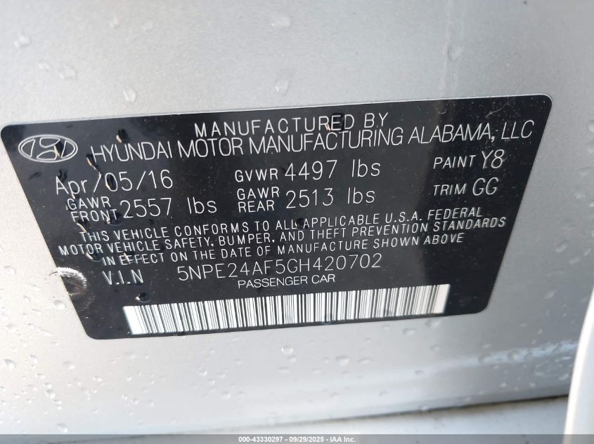 2016 Hyundai Sonata Se VIN: 5NPE24AF5GH420702 Lot: 43330297