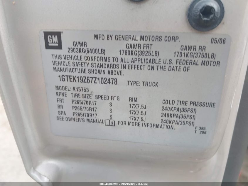 2007 GMC Sierra 1500 Classic Sle1 VIN: 1GTEK19Z67Z102478 Lot: 43330298
