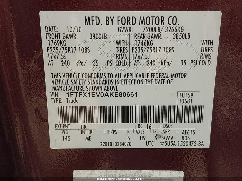 2010 Ford F-150 Fx4/Lariat/Xl/Xlt VIN: 1FTFX1EV0AKE80661 Lot: 43330296