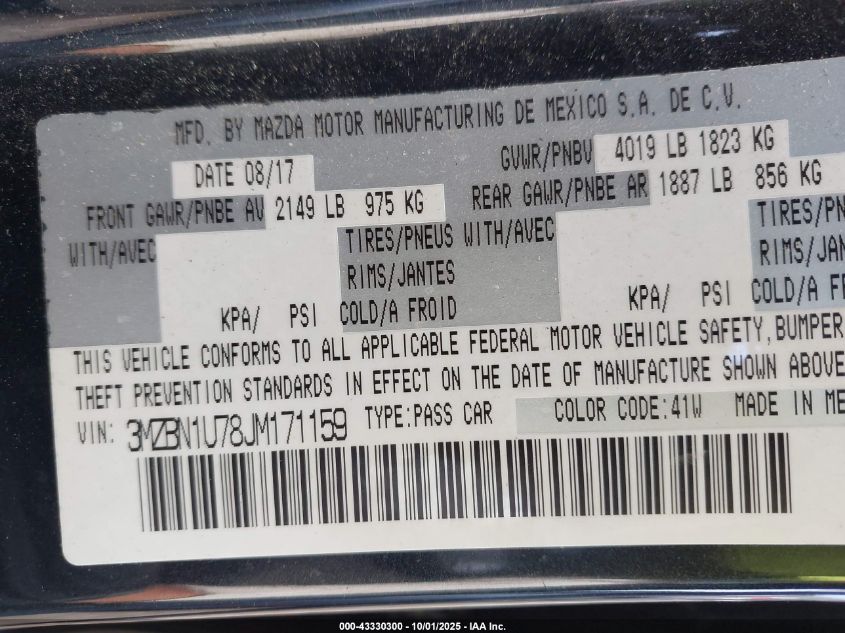 2018 Mazda Mazda3 Sport VIN: 3MZBN1U78JM171159 Lot: 43330300