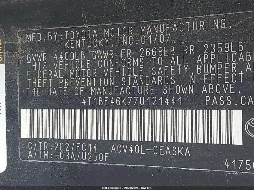 2007 Toyota Camry Se VIN: 4T1BE46K77U121441 Lot: 43330302