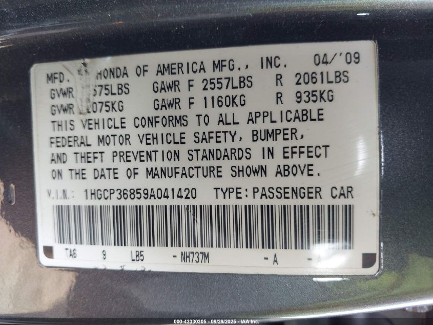 2009 Honda Accord 3.5 Ex-L VIN: 1HGCP36859A041420 Lot: 43330305
