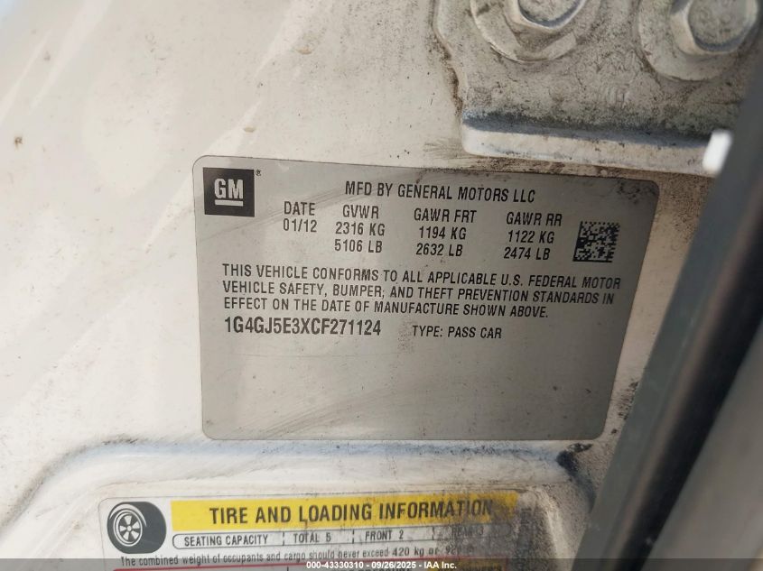 2012 Buick Lacrosse Touring Group VIN: 1G4GJ5E3XCF271124 Lot: 43330310