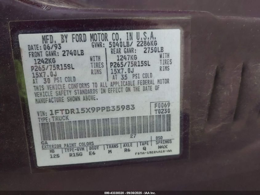 1993 Ford Ranger Super Cab VIN: 1FTDR15X9PPB35983 Lot: 43330320
