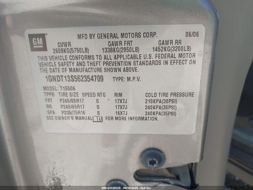 2006 Chevrolet Trailblazer Ls VIN: 1GNDT13S562354709 Lot: 43330325