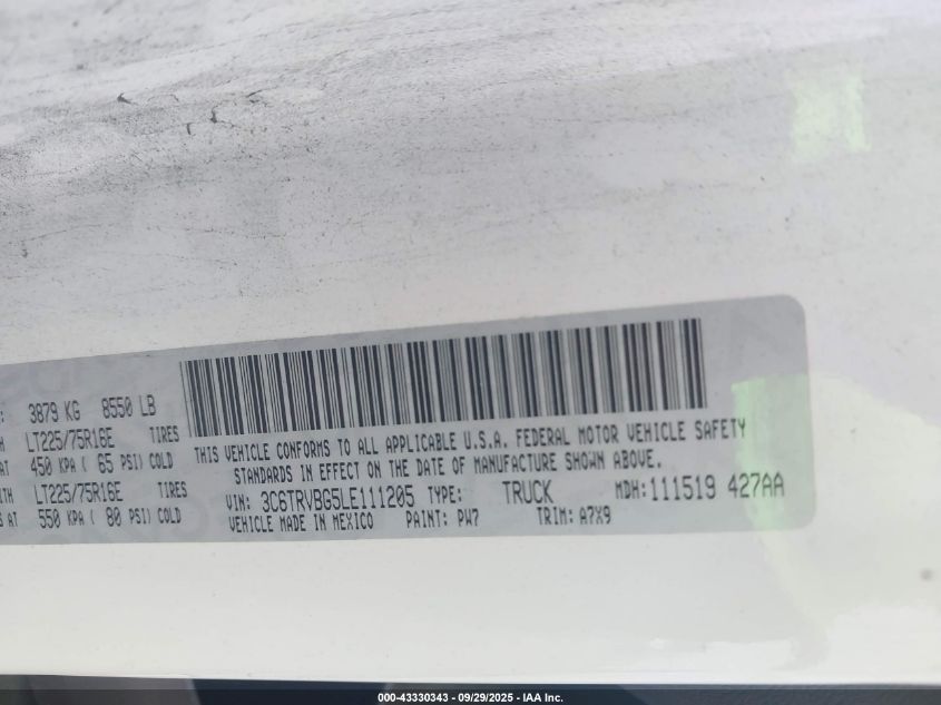 2020 Ram Promaster 1500 High Roof 136 Wb VIN: 3C6TRVBG5LE111205 Lot: 43330343