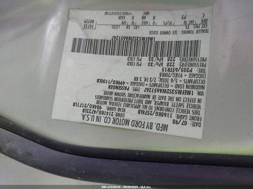 1998 Mercury Sable Ls VIN: 1MEFM53S2WA651267 Lot: 43330345