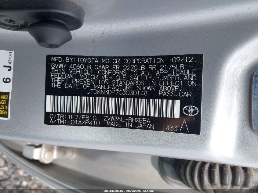 2012 Toyota Prius Plug-In VIN: JTDKN3DP7C3030148 Lot: 43330346