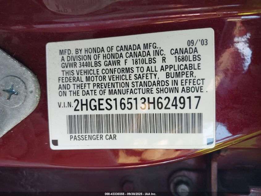 2003 Honda Civic Lx VIN: 2HGES16513H624917 Lot: 43330355