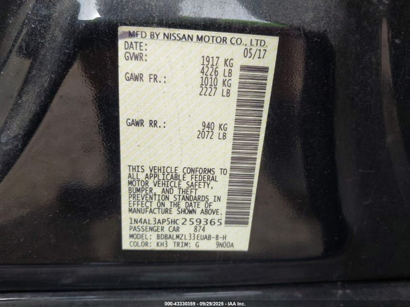 2017 Nissan Altima 2.5 Sv VIN: 1N4AL3AP5HC259365 Lot: 43330359