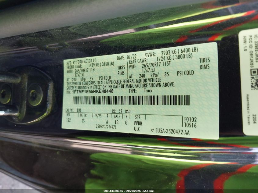 2022 Ford F-150 Xl VIN: 1FTMF1E55NKE48448 Lot: 43330375