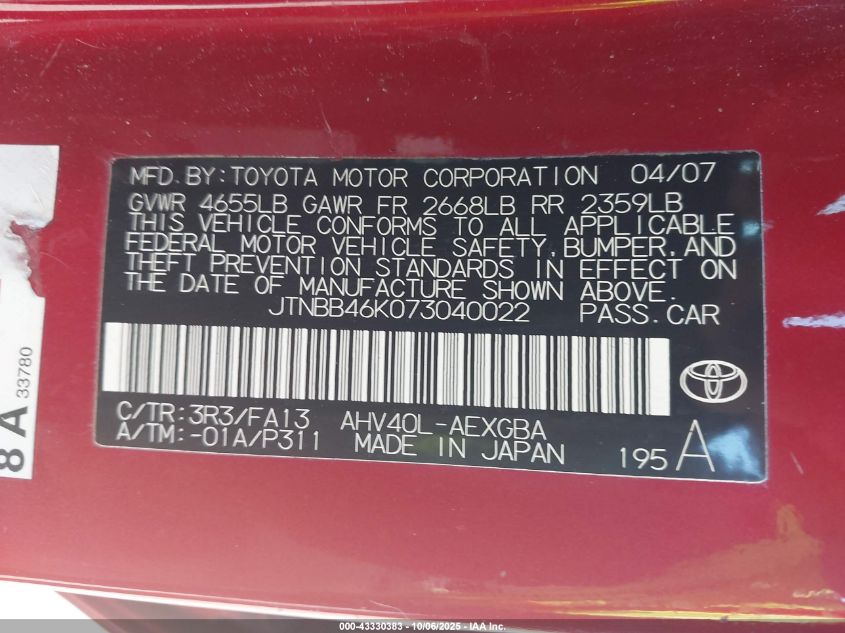 2007 Toyota Camry Hybrid VIN: JTNBB46K073040022 Lot: 43330383