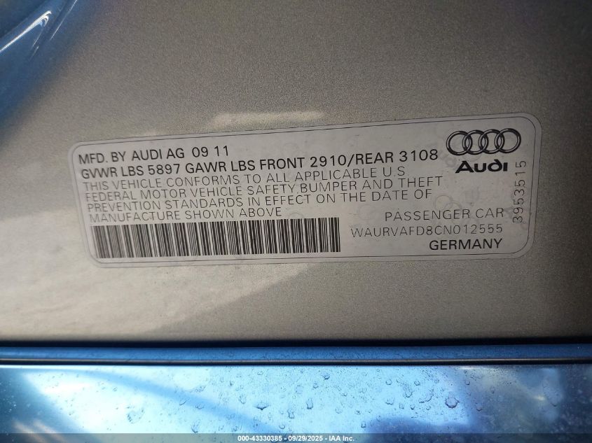 2012 Audi A8 L 4.2 VIN: WAURVAFD8CN012555 Lot: 43330385
