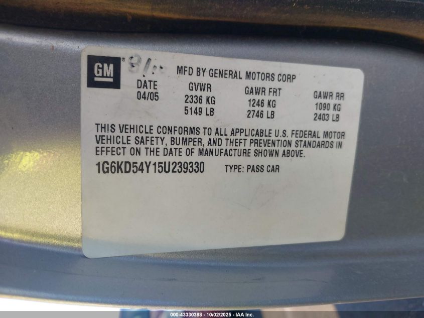 2005 Cadillac Deville Livery VIN: 1G6KD54Y15U239330 Lot: 43330388