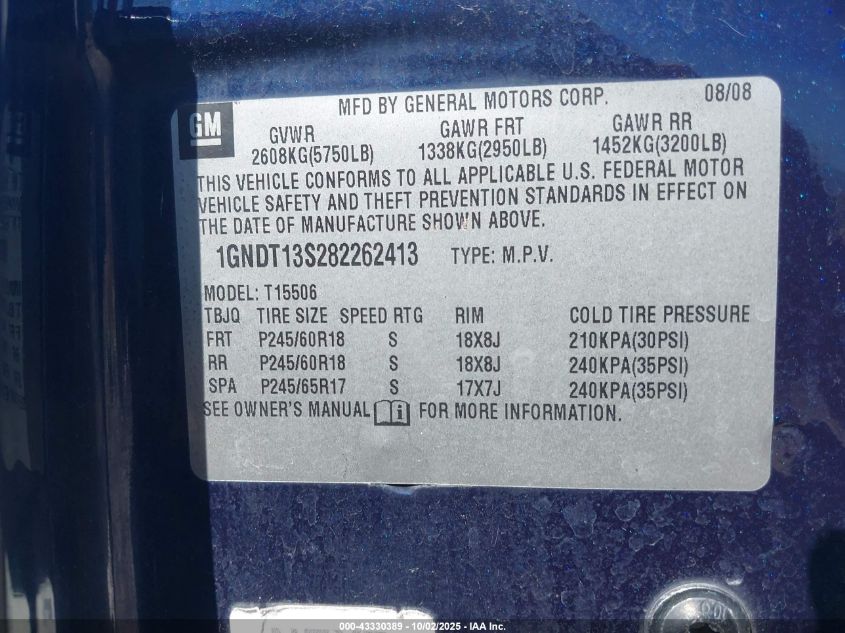 2008 Chevrolet Trailblazer Lt VIN: 1GNDT13S282262413 Lot: 43330389