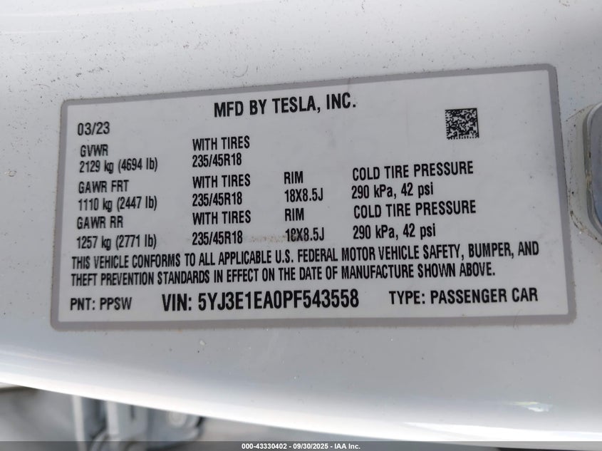 2023 Tesla Model 3 Rear-Wheel Drive VIN: 5YJ3E1EA0PF543558 Lot: 43330402