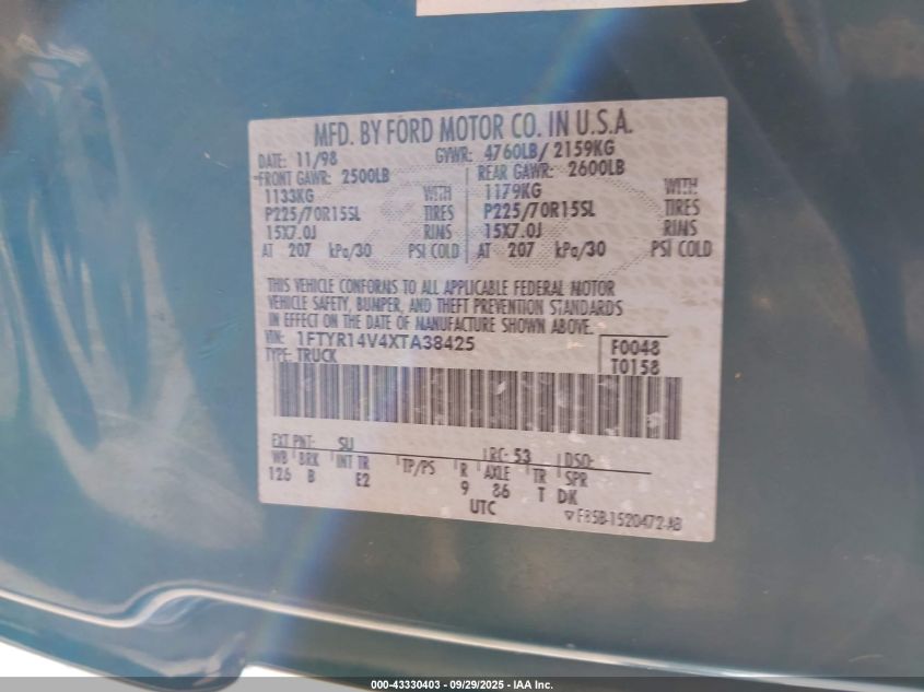 1999 Ford Ranger Xl/Xlt VIN: 1FTYR14V4XTA38425 Lot: 43330403