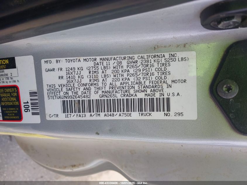 2009 Toyota Tacoma Prerunner V6 VIN: 5TETU62N99Z645482 Lot: 43330406