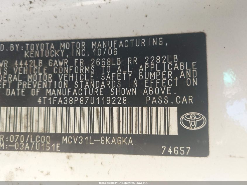 2007 Toyota Camry Solara Sle VIN: 4T1FA38P87U119228 Lot: 43330411