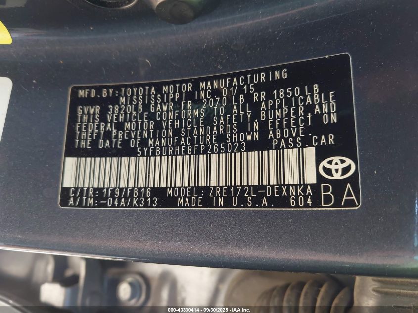 2015 Toyota Corolla Le VIN: 5YFBURHE8FP265023 Lot: 43330414