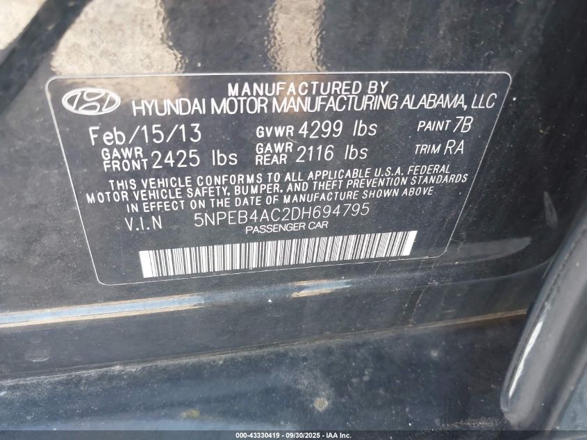 2013 Hyundai Sonata Gls VIN: 5NPEB4AC2DH694795 Lot: 43330419