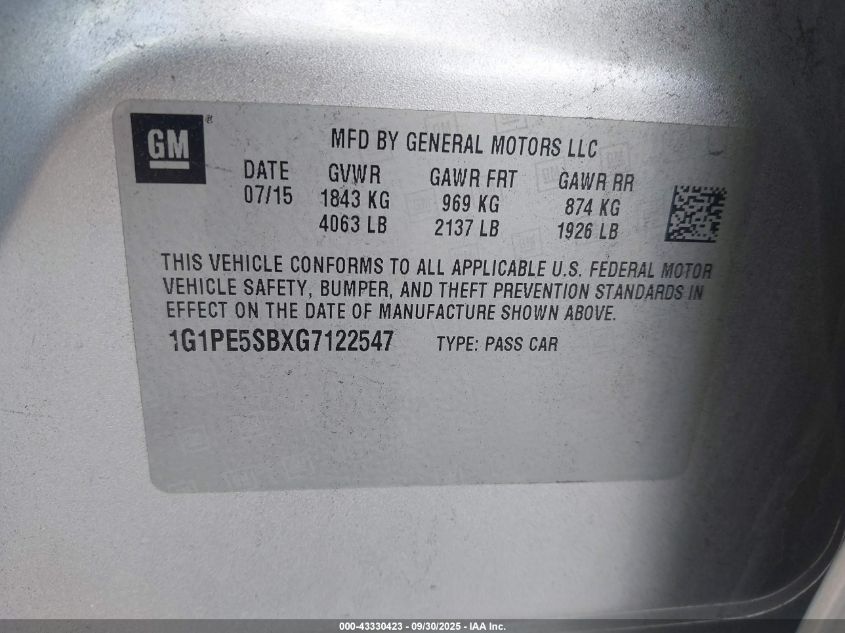 2016 Chevrolet Cruze Limited 1Lt Auto VIN: 1G1PE5SBXG7122547 Lot: 43330423