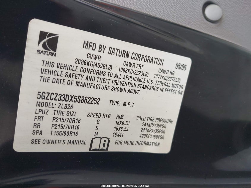 2005 Saturn Vue 4 Cyl VIN: 5GZCZ33DX5S862252 Lot: 43330424