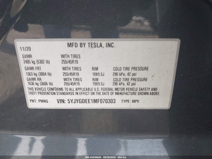 2021 Tesla Model Y Long Range Dual Motor All-Wheel Drive VIN: 5YJYGDEE1MF070303 Lot: 43330429