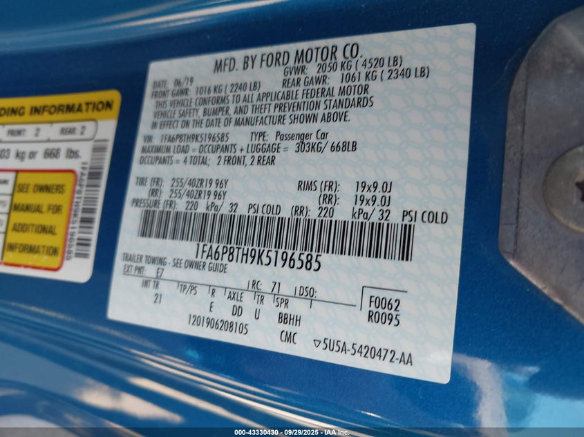 2019 FORD MUSTANG ECOBOOST - 1FA6P8TH9K5196585