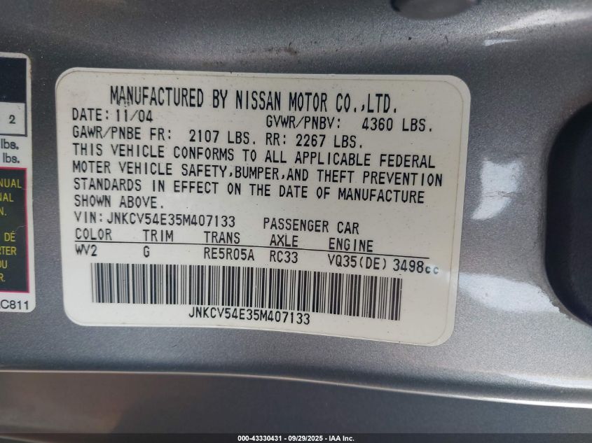 2005 Infiniti G35 VIN: JNKCV54E35M407133 Lot: 43330431