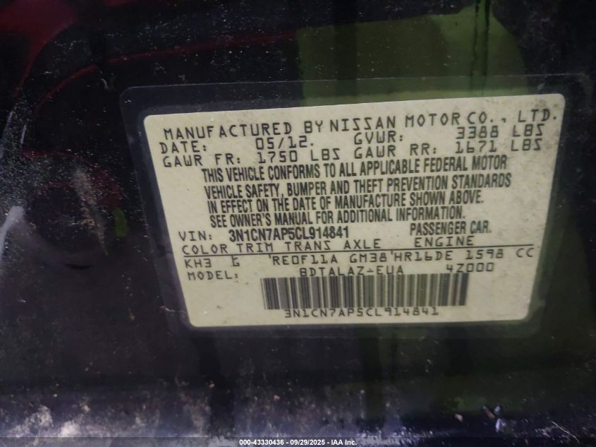 2012 Nissan Versa 1.6 S VIN: 3N1CN7AP5CL914841 Lot: 43330436