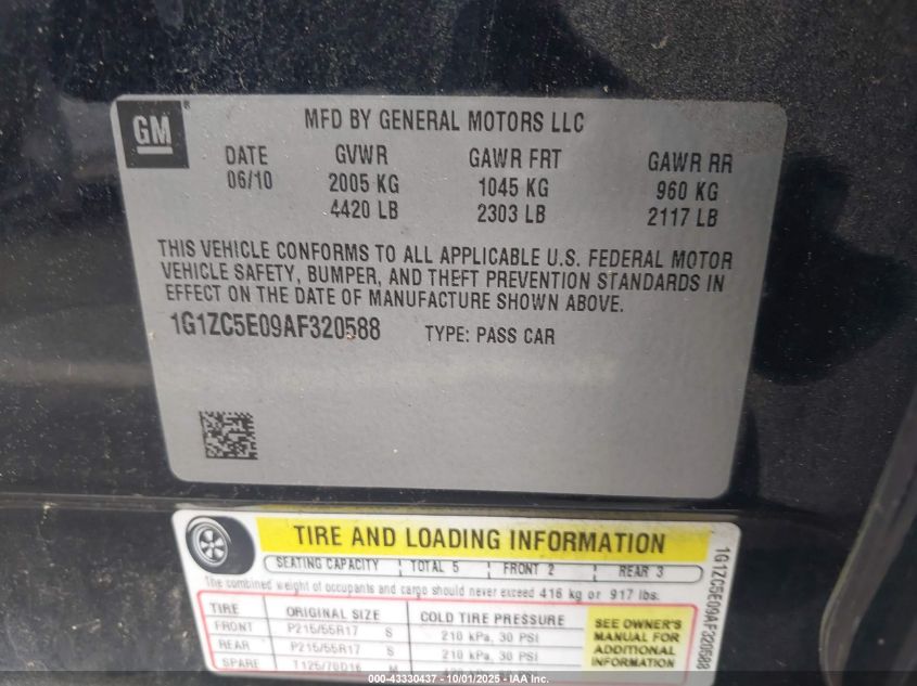 2010 Chevrolet Malibu Lt VIN: 1G1ZC5E09AF320588 Lot: 43330437